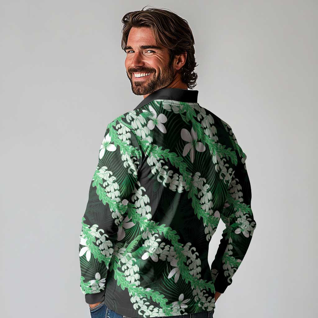 Puakenikeni Maile Lei Long Sleeve Polo Shirt Frangipani Green Tropical Leaves