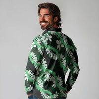 Puakenikeni Maile Lei Long Sleeve Polo Shirt Frangipani Green Tropical Leaves