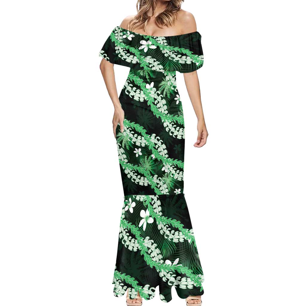 Puakenikeni Maile Lei Mermaid Dress Frangipani Green Tropical Leaves
