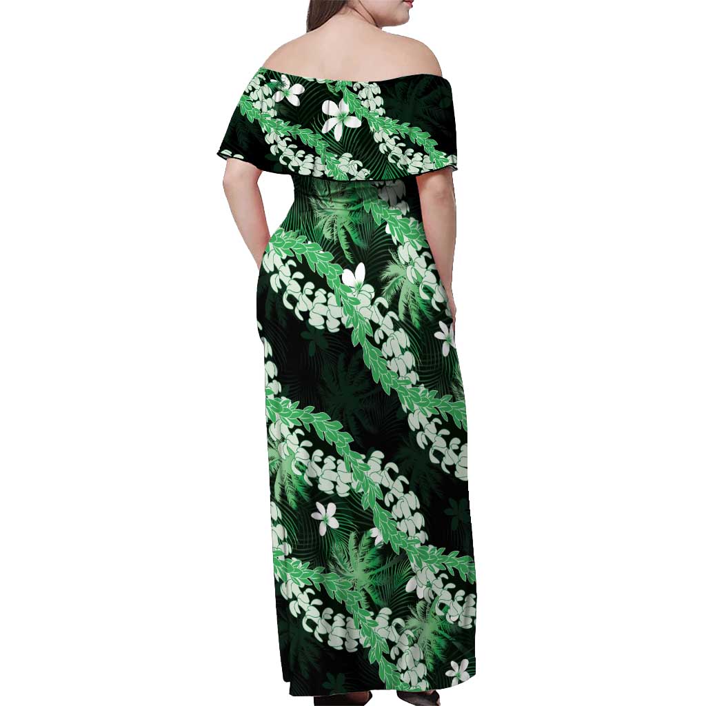 Puakenikeni Maile Lei Off Shoulder Maxi Dress Frangipani Green Tropical Leaves