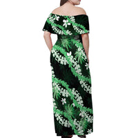 Puakenikeni Maile Lei Off Shoulder Maxi Dress Frangipani Green Tropical Leaves