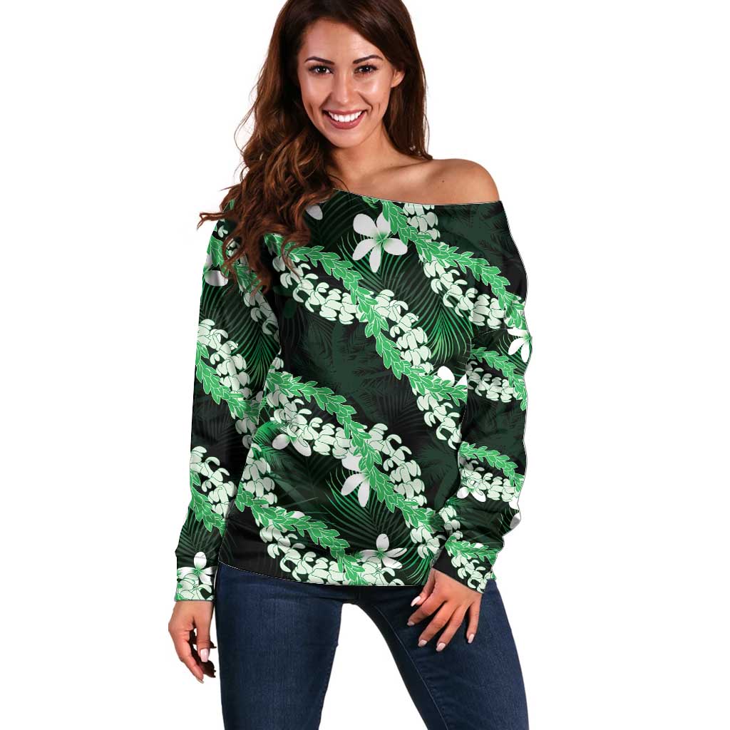 Puakenikeni Maile Lei Off Shoulder Sweater Frangipani Green Tropical Leaves