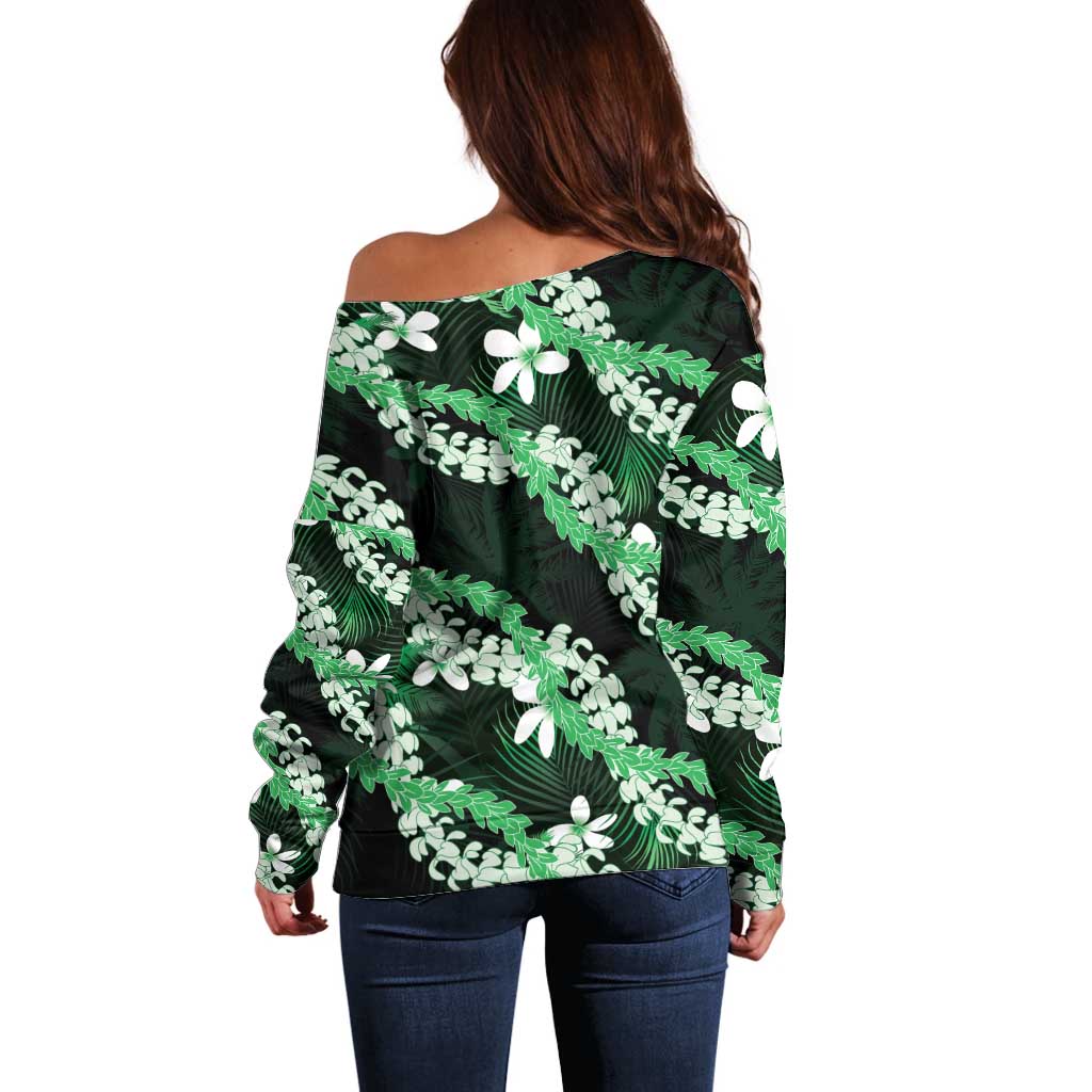 Puakenikeni Maile Lei Off Shoulder Sweater Frangipani Green Tropical Leaves