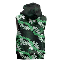 Puakenikeni Maile Lei Sleeveless Hoodie Frangipani Green Tropical Leaves
