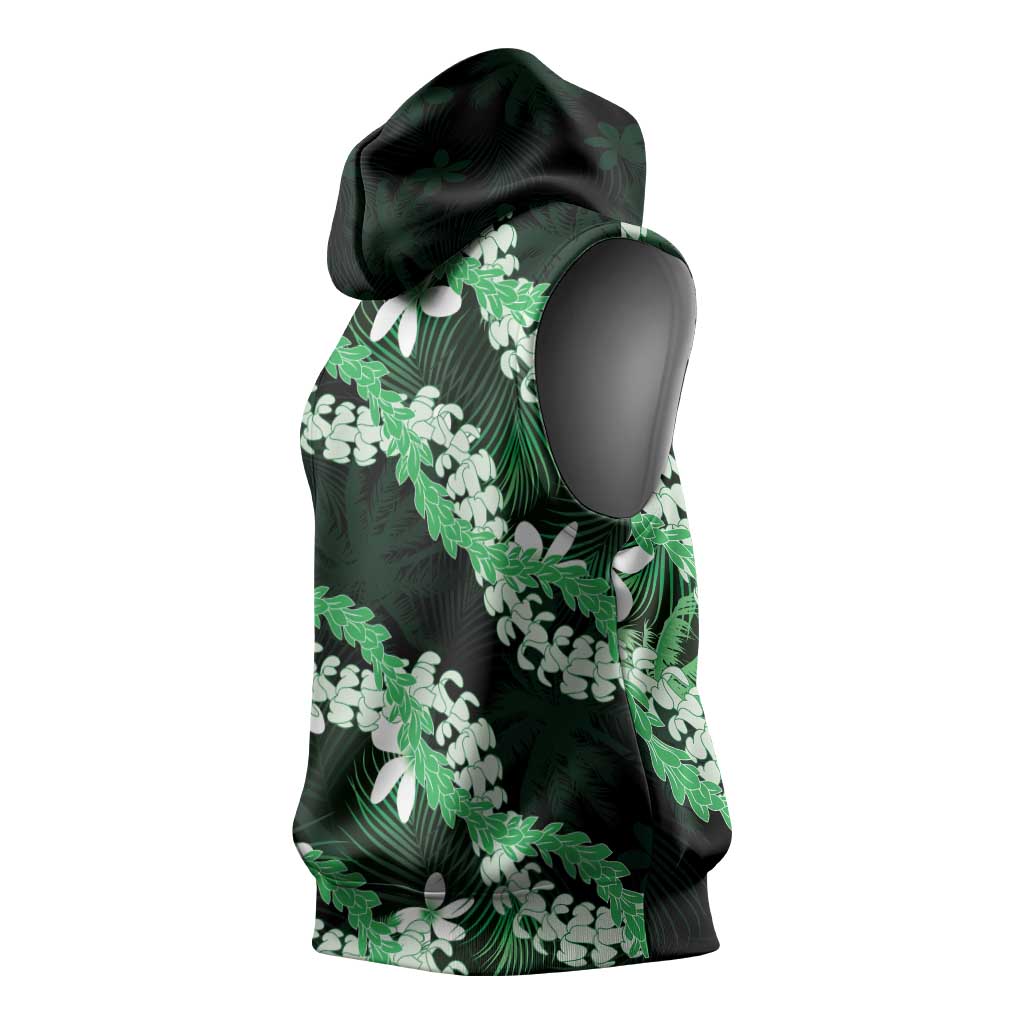Puakenikeni Maile Lei Sleeveless Hoodie Frangipani Green Tropical Leaves