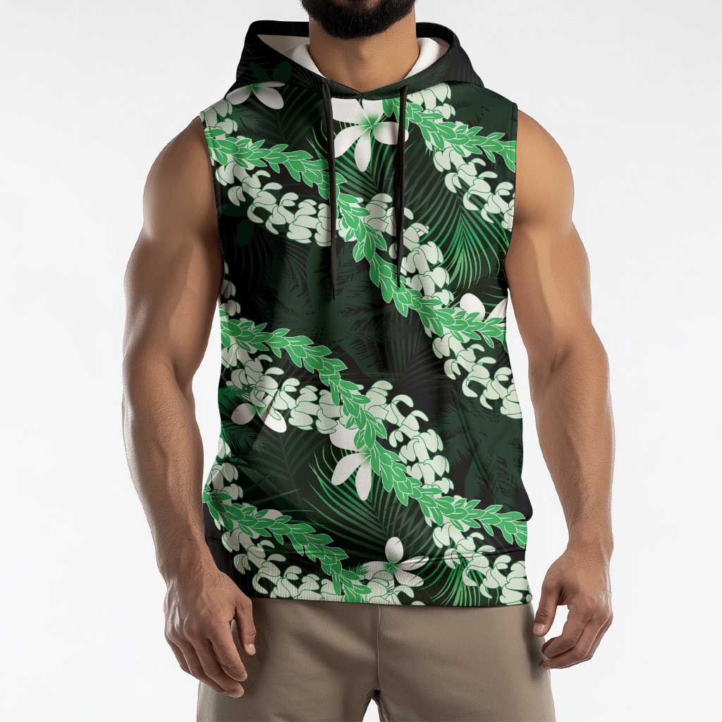 Puakenikeni Maile Lei Sleeveless Hoodie Frangipani Green Tropical Leaves