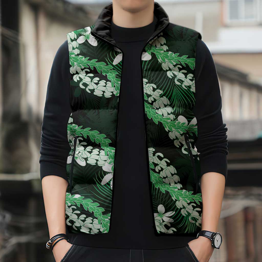 Puakenikeni Maile Lei Sleeveless Puffer Jacket Frangipani Green Tropical Leaves
