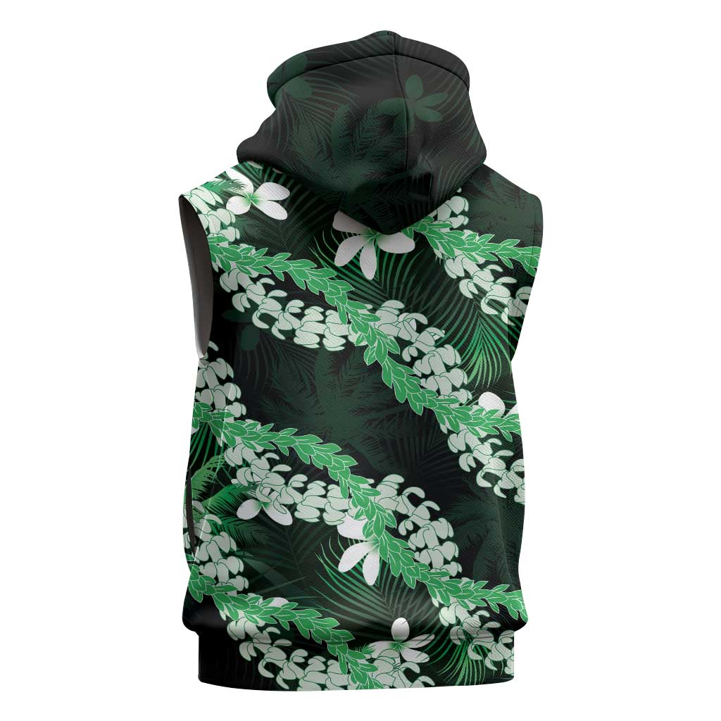 Puakenikeni Maile Lei Sleeveless Zip Hoodie Frangipani Green Tropical Leaves