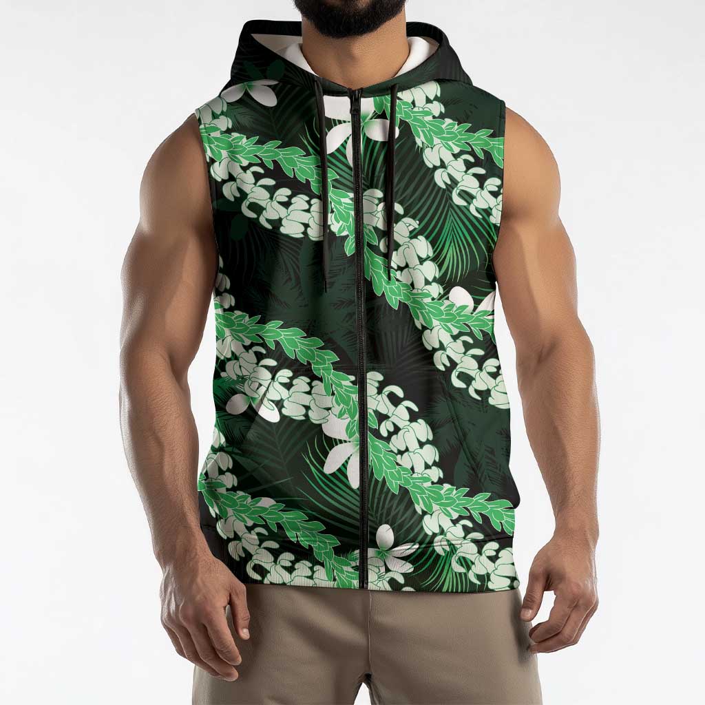Puakenikeni Maile Lei Sleeveless Zip Hoodie Frangipani Green Tropical Leaves