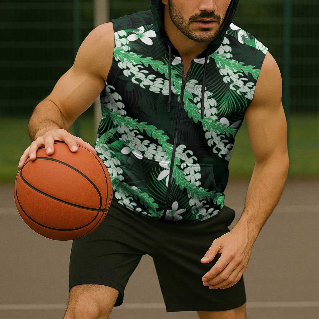 Puakenikeni Maile Lei Sleeveless Zip Hoodie Frangipani Green Tropical Leaves