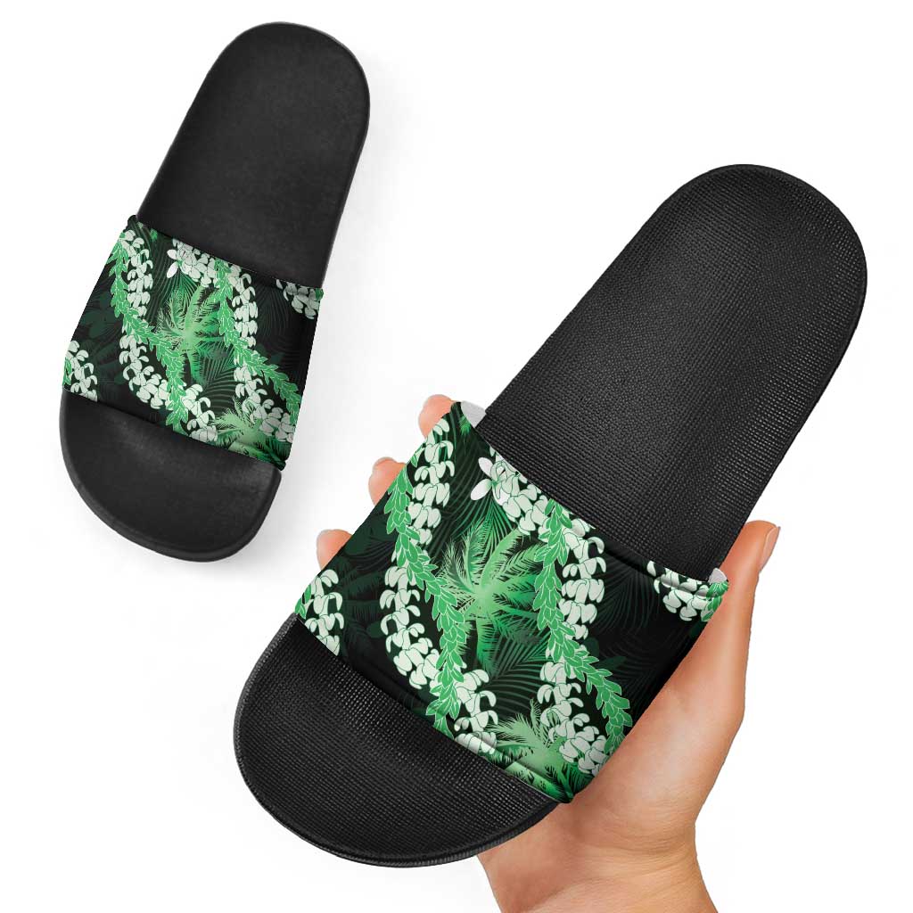 Puakenikeni Maile Lei Slide Sandals Frangipani Green Tropical Leaves
