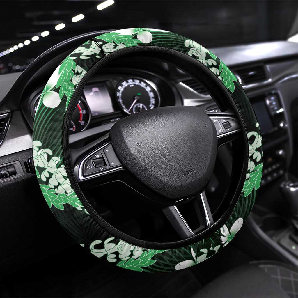Puakenikeni Maile Lei Steering Wheel Cover Frangipani Green Tropical Leaves
