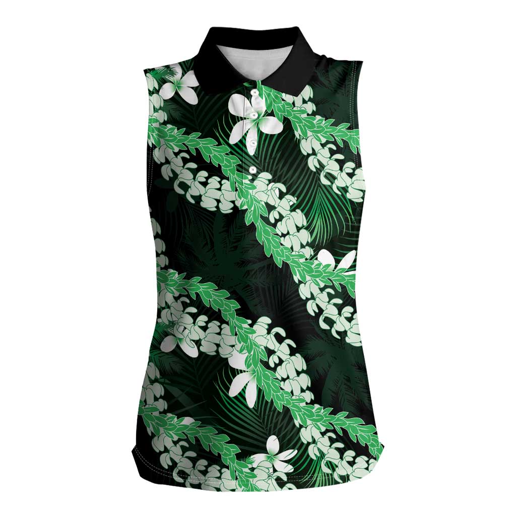 Puakenikeni Maile Lei Women Sleeveless Polo Shirt Frangipani Green Tropical Leaves LT01 Female Green - Polynesian Pride