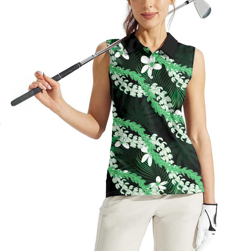 Puakenikeni Maile Lei Women Sleeveless Polo Shirt Frangipani Green Tropical Leaves LT01 - Polynesian Pride