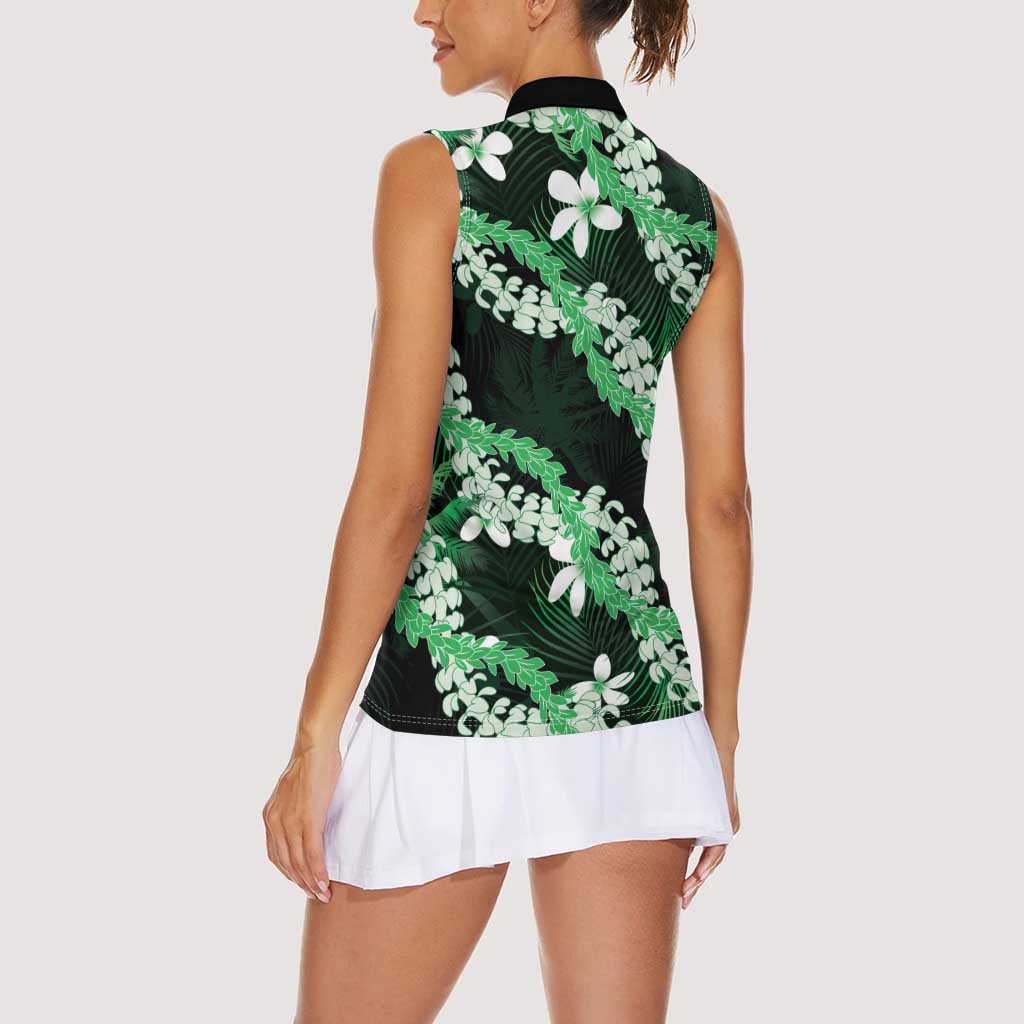 Puakenikeni Maile Lei Women Sleeveless Polo Shirt Frangipani Green Tropical Leaves LT01 - Polynesian Pride