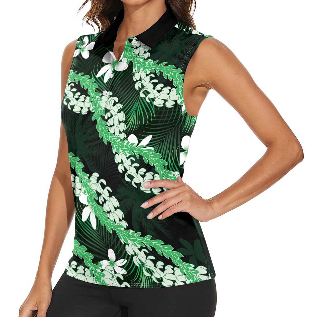 Puakenikeni Maile Lei Women Sleeveless Polo Shirt Frangipani Green Tropical Leaves LT01 - Polynesian Pride