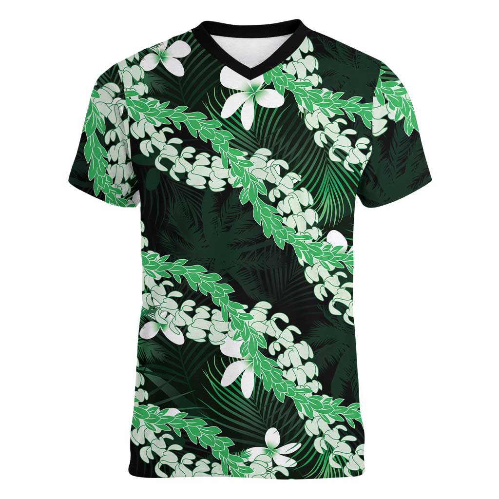 Puakenikeni Maile Lei Women V-Neck T-Shirt Frangipani Green Tropical Leaves