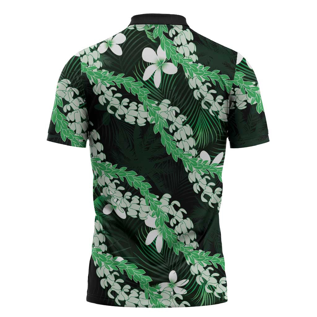 Puakenikeni Maile Lei Zipper Polo Shirt Frangipani Green Tropical Leaves