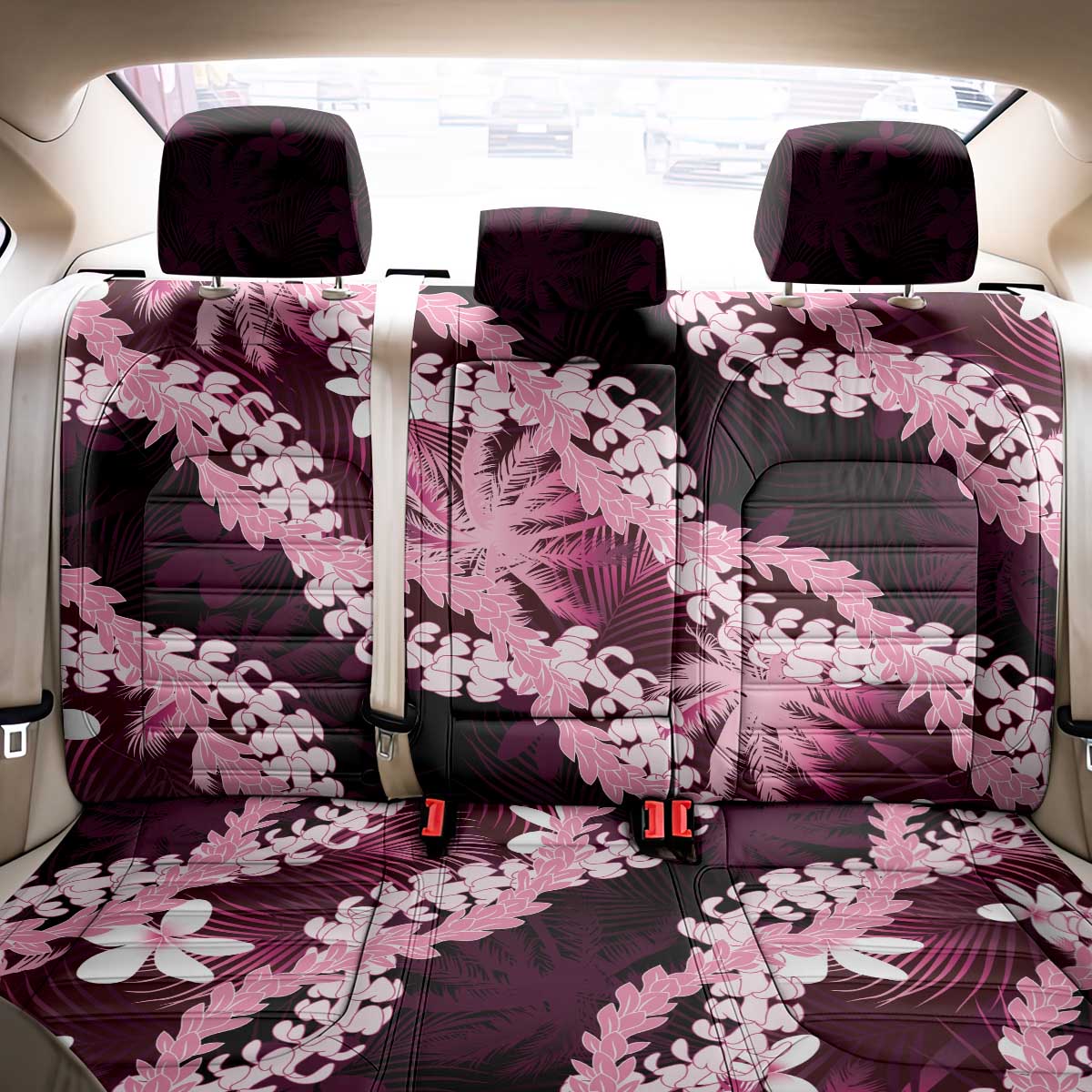Puakenikeni Maile Lei Back Car Seat Cover Frangipani Pink Tropical Leaves