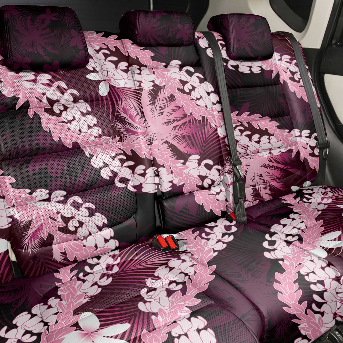 Puakenikeni Maile Lei Back Car Seat Cover Frangipani Pink Tropical Leaves