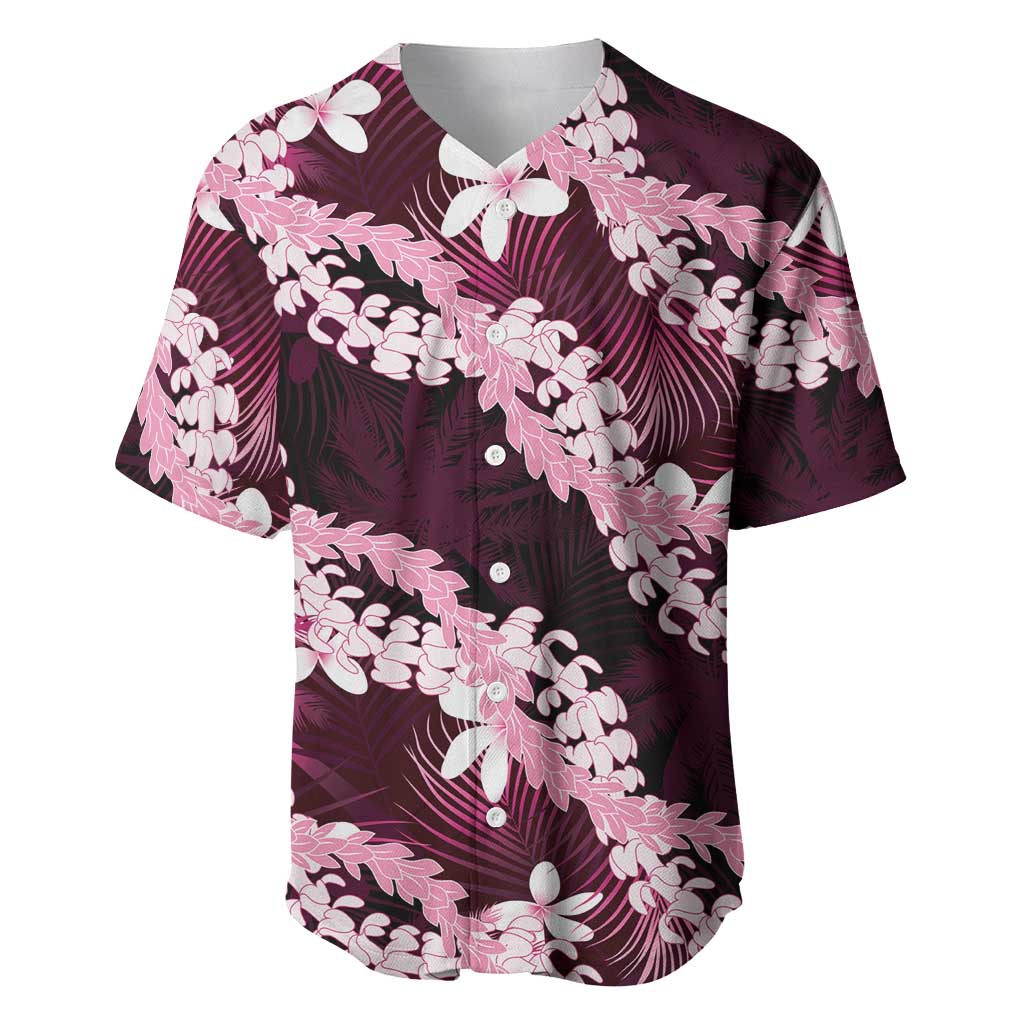 Puakenikeni Maile Lei Baseball Jersey Frangipani Pink Tropical Leaves