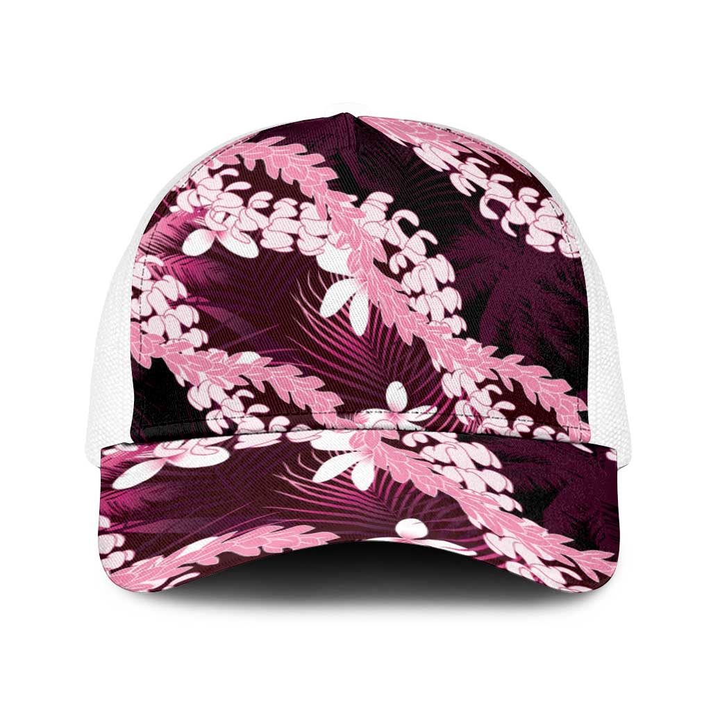 Puakenikeni Maile Lei Baseball Net Cap Frangipani Pink Tropical Leaves