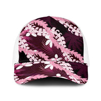 Puakenikeni Maile Lei Baseball Net Cap Frangipani Pink Tropical Leaves