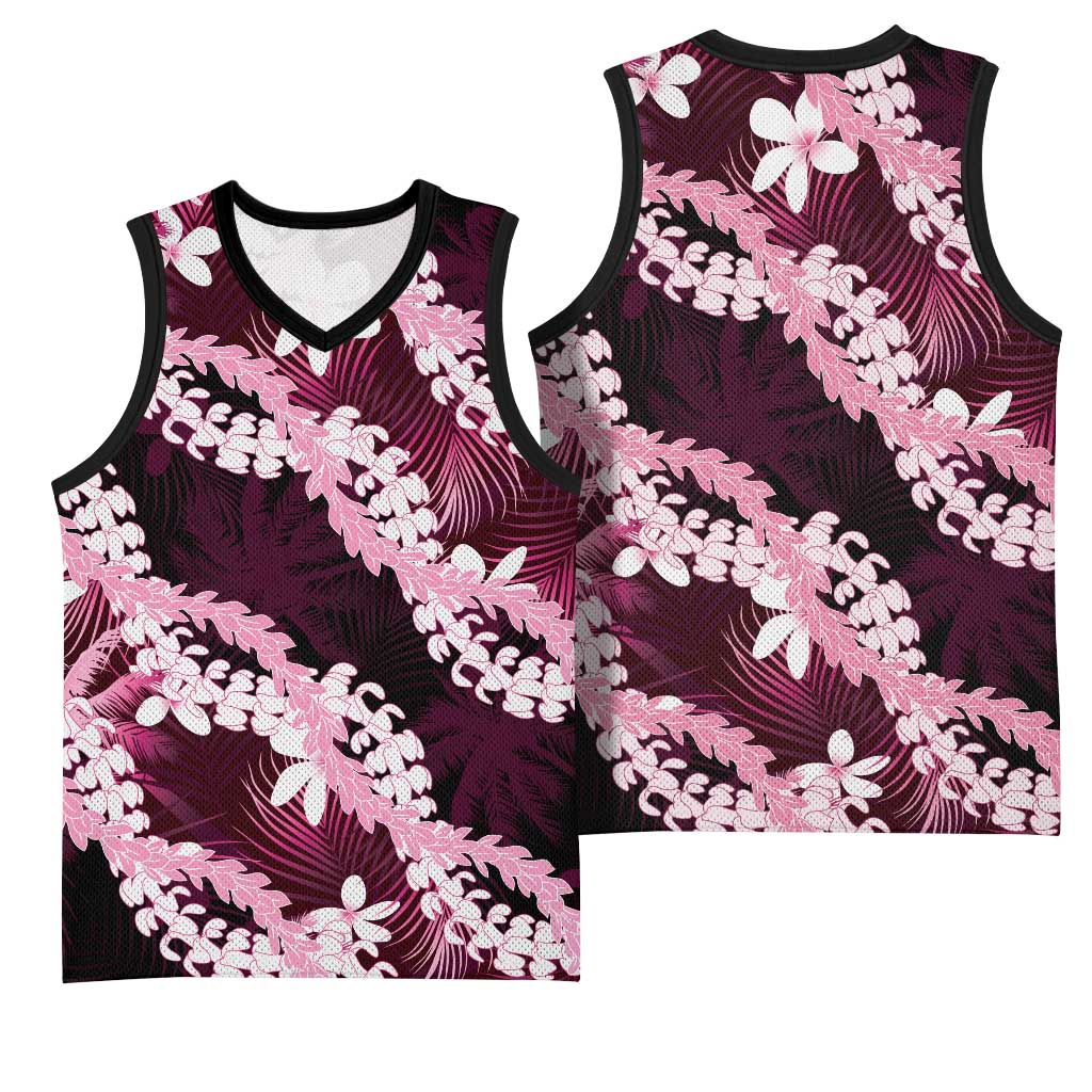 Puakenikeni Maile Lei Basketball Jersey Frangipani Pink Tropical Leaves