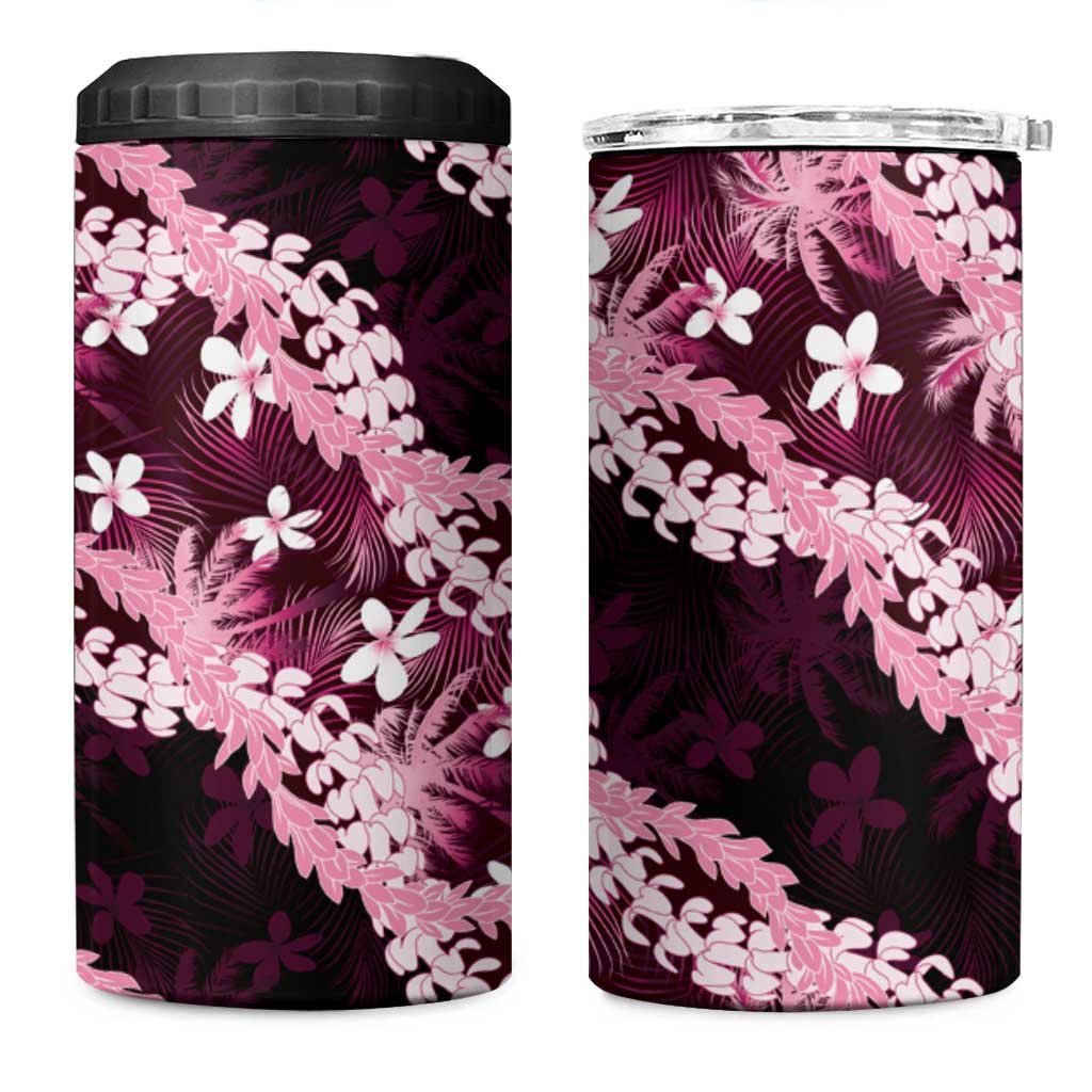 Puakenikeni Maile Lei 4 in 1 Can Cooler Tumbler Frangipani Pink Tropical Leaves