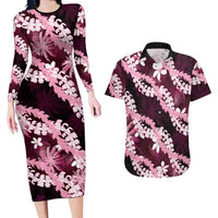 Puakenikeni Maile Lei Couples Matching Long Sleeve Bodycon Dress and Hawaiian Shirt Frangipani Pink Tropical Leaves LT01 Pink - Polynesian Pride