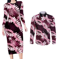 Puakenikeni Maile Lei Couples Matching Long Sleeve Bodycon Dress and Long Sleeve Button Shirt Frangipani Pink Tropical Leaves LT01 Pink - Polynesian Pride