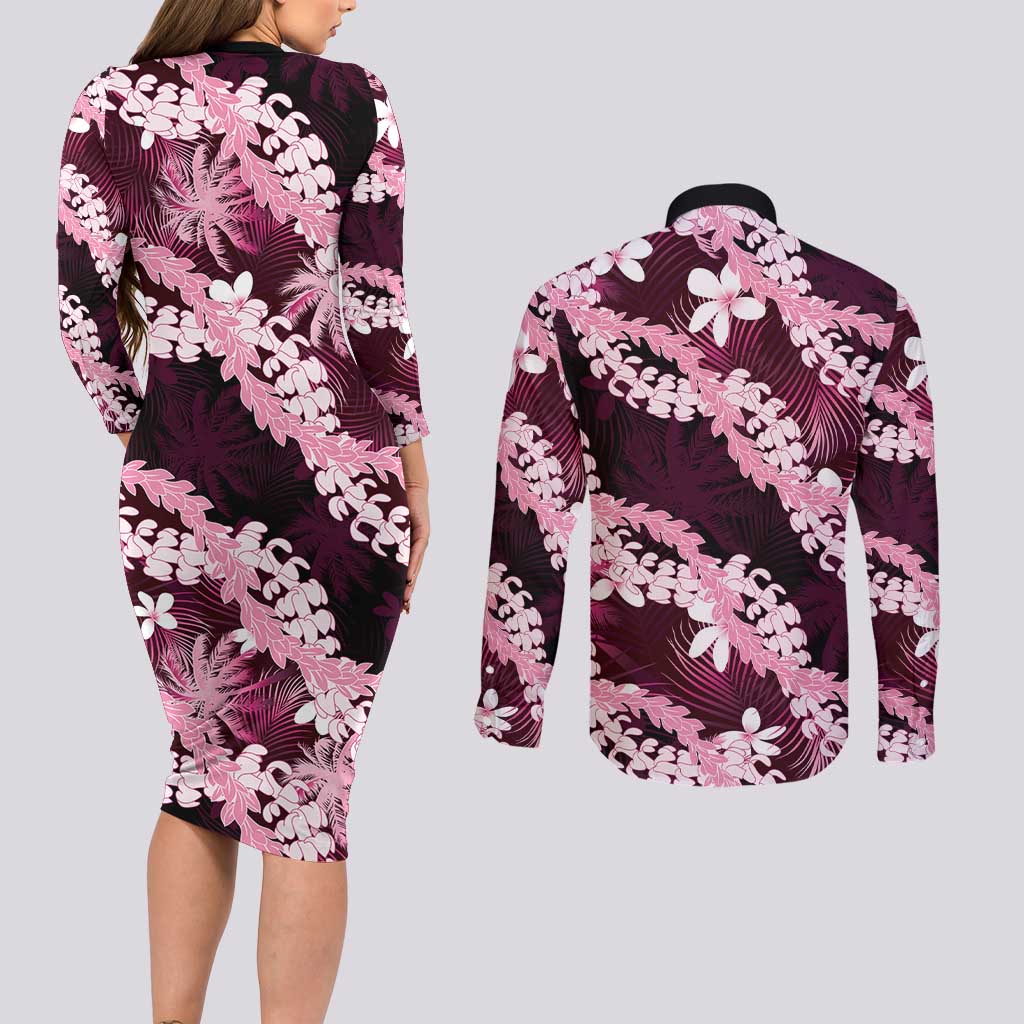 Puakenikeni Maile Lei Couples Matching Long Sleeve Bodycon Dress and Long Sleeve Button Shirt Frangipani Pink Tropical Leaves LT01 - Polynesian Pride
