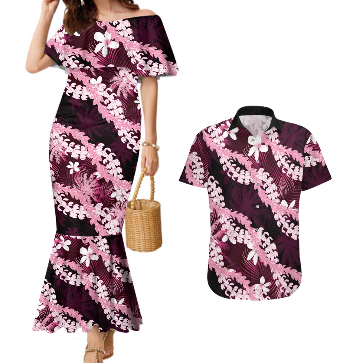 Puakenikeni Maile Lei Couples Matching Mermaid Dress and Hawaiian Shirt Frangipani Pink Tropical Leaves LT01 Pink - Polynesian Pride