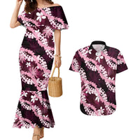 Puakenikeni Maile Lei Couples Matching Mermaid Dress and Hawaiian Shirt Frangipani Pink Tropical Leaves LT01 Pink - Polynesian Pride