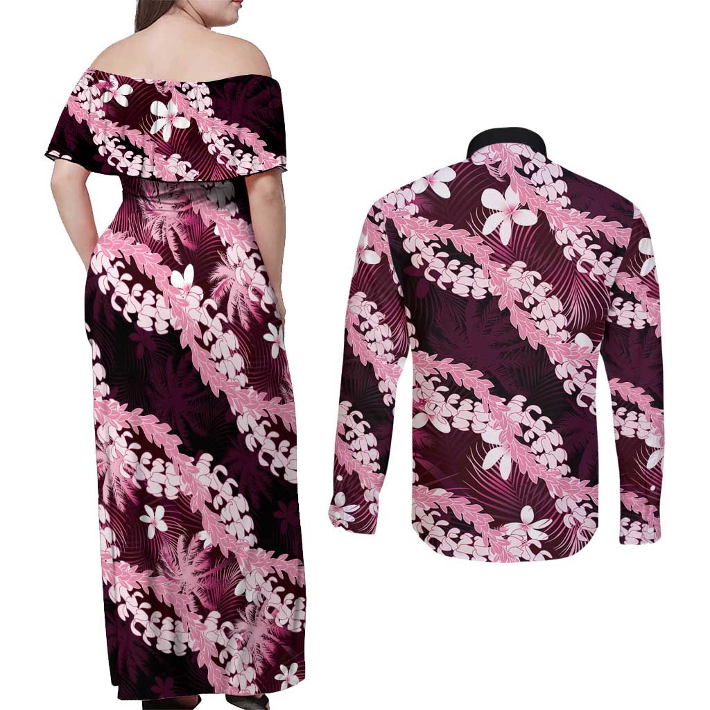 Puakenikeni Maile Lei Couples Matching Off Shoulder Maxi Dress and Long Sleeve Button Shirt Frangipani Pink Tropical Leaves