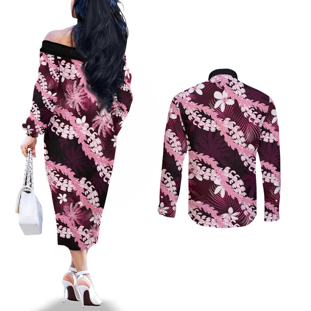 Puakenikeni Maile Lei Couples Matching Off The Shoulder Long Sleeve Dress and Long Sleeve Button Shirt Frangipani Pink Tropical Leaves LT01 - Polynesian Pride