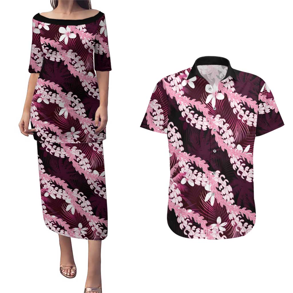 Puakenikeni Maile Lei Couples Matching Puletasi and Hawaiian Shirt Frangipani Pink Tropical Leaves