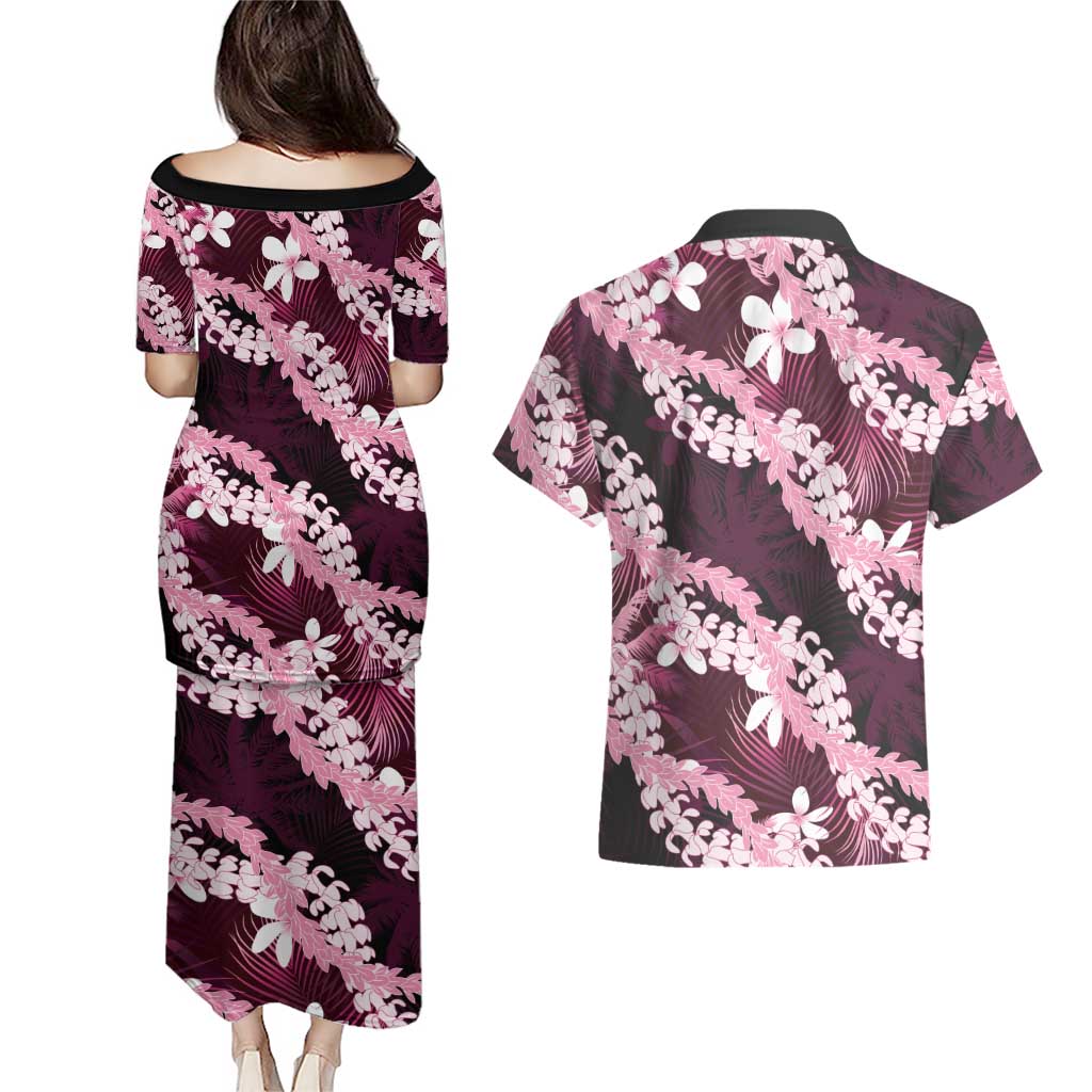 Puakenikeni Maile Lei Couples Matching Puletasi and Hawaiian Shirt Frangipani Pink Tropical Leaves