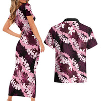Puakenikeni Maile Lei Couples Matching Short Sleeve Bodycon Dress and Hawaiian Shirt Frangipani Pink Tropical Leaves LT01 - Polynesian Pride