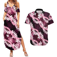 Puakenikeni Maile Lei Couples Matching Summer Maxi Dress and Hawaiian Shirt Frangipani Pink Tropical Leaves LT01 Pink - Polynesian Pride