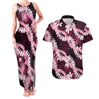 Puakenikeni Maile Lei Couples Matching Tank Maxi Dress and Hawaiian Shirt Frangipani Pink Tropical Leaves LT01 Pink - Polynesian Pride