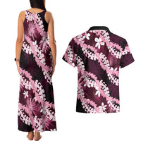 Puakenikeni Maile Lei Couples Matching Tank Maxi Dress and Hawaiian Shirt Frangipani Pink Tropical Leaves LT01 - Polynesian Pride