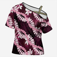 Puakenikeni Maile Lei Cross Shoulder Shirt Frangipani Pink Tropical Leaves