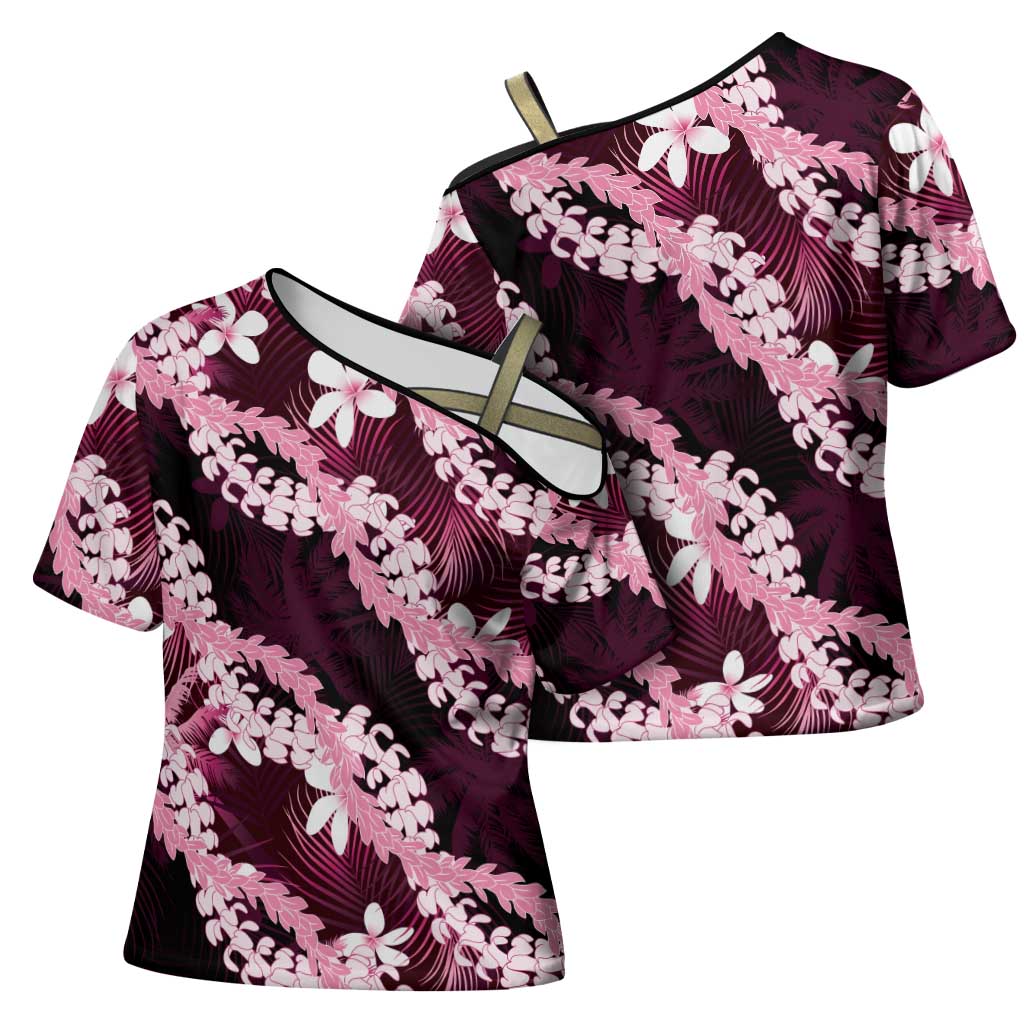 Puakenikeni Maile Lei Cross Shoulder Shirt Frangipani Pink Tropical Leaves