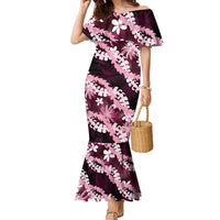 Puakenikeni Maile Lei Family Matching Mermaid Dress and Hawaiian Shirt Frangipani Pink Tropical Leaves LT01 Mom's Dress Pink - Polynesian Pride