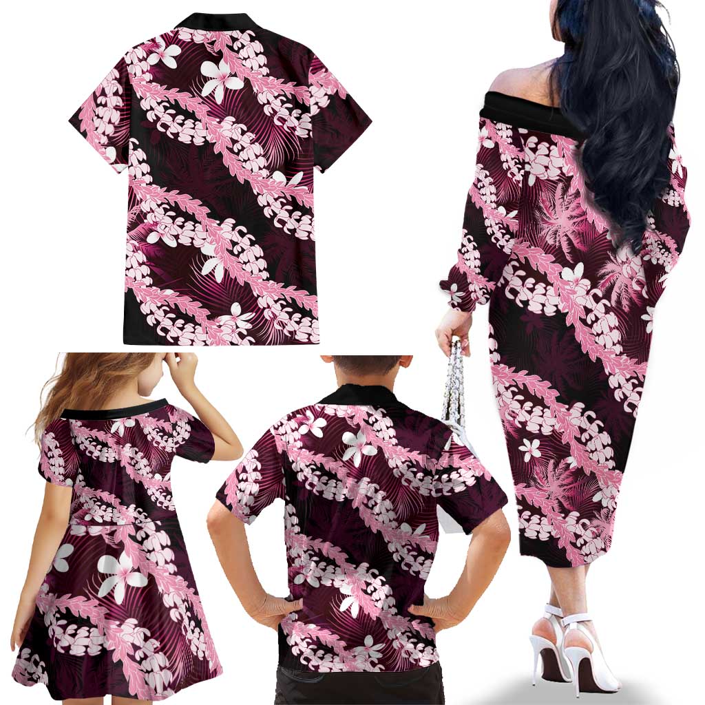 Puakenikeni Maile Lei Family Matching Off The Shoulder Long Sleeve Dress and Hawaiian Shirt Frangipani Pink Tropical Leaves LT01 - Polynesian Pride