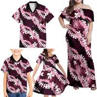 Puakenikeni Maile Lei Family Matching Off Shoulder Maxi Dress and Hawaiian Shirt Frangipani Pink Tropical Leaves LT01 - Polynesian Pride