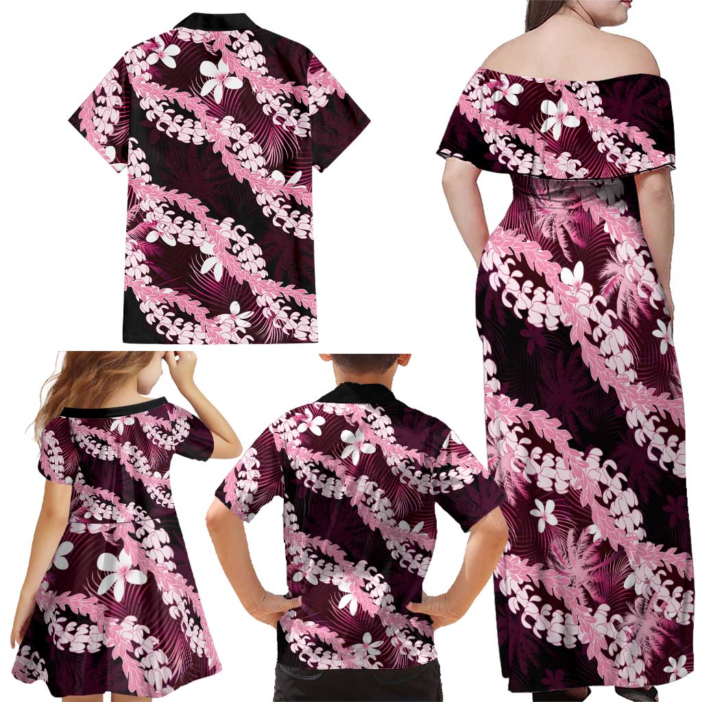 Puakenikeni Maile Lei Family Matching Off Shoulder Maxi Dress and Hawaiian Shirt Frangipani Pink Tropical Leaves LT01 - Polynesian Pride
