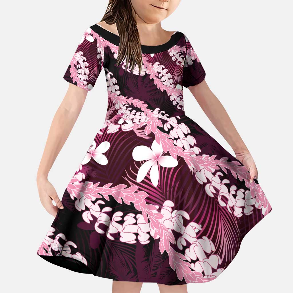 Puakenikeni Maile Lei Family Matching Puletasi and Hawaiian Shirt Frangipani Pink Tropical Leaves LT01 Daughter's Dress Pink - Polynesian Pride