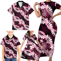 Puakenikeni Maile Lei Family Matching Short Sleeve Bodycon Dress and Hawaiian Shirt Frangipani Pink Tropical Leaves LT01 - Polynesian Pride